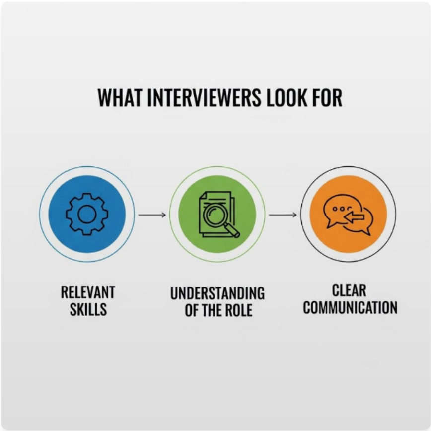 upload in progress, 0Infographic showing what interviewers look for in the “Tell me about yourself” question — relevant skills, understanding of the role, and clear communication