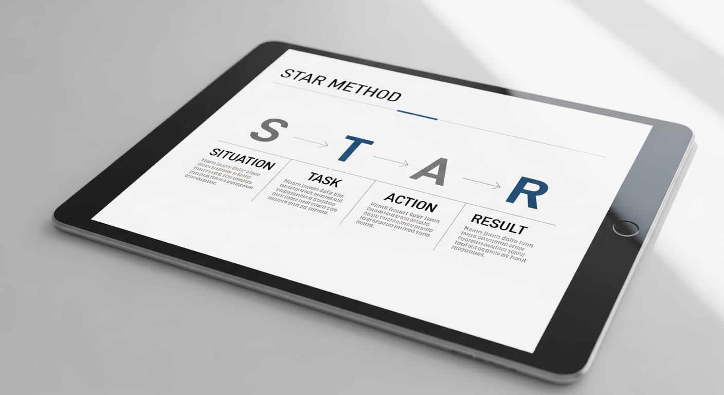 Visual guide showing the STAR method, Situation, Task, Action, Result used for answering interview questions.