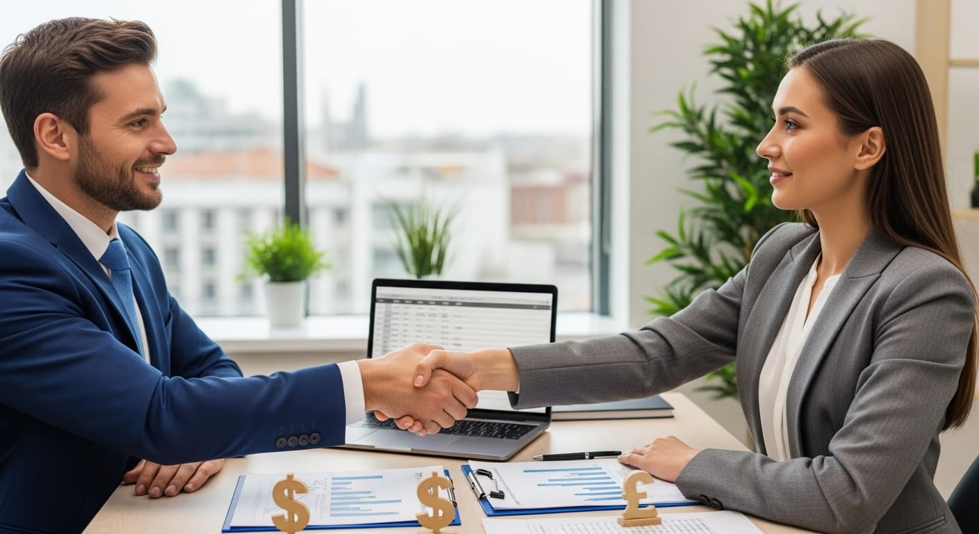 Jobseeker negotiating salary with recruiter, documents on desk showing dollar and pound symbols.