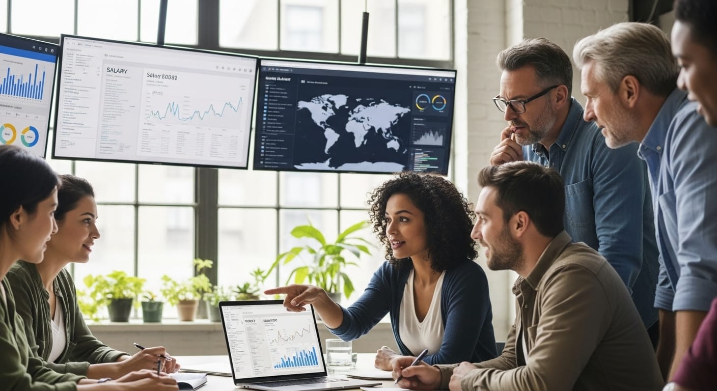 Global professionals checking salary data