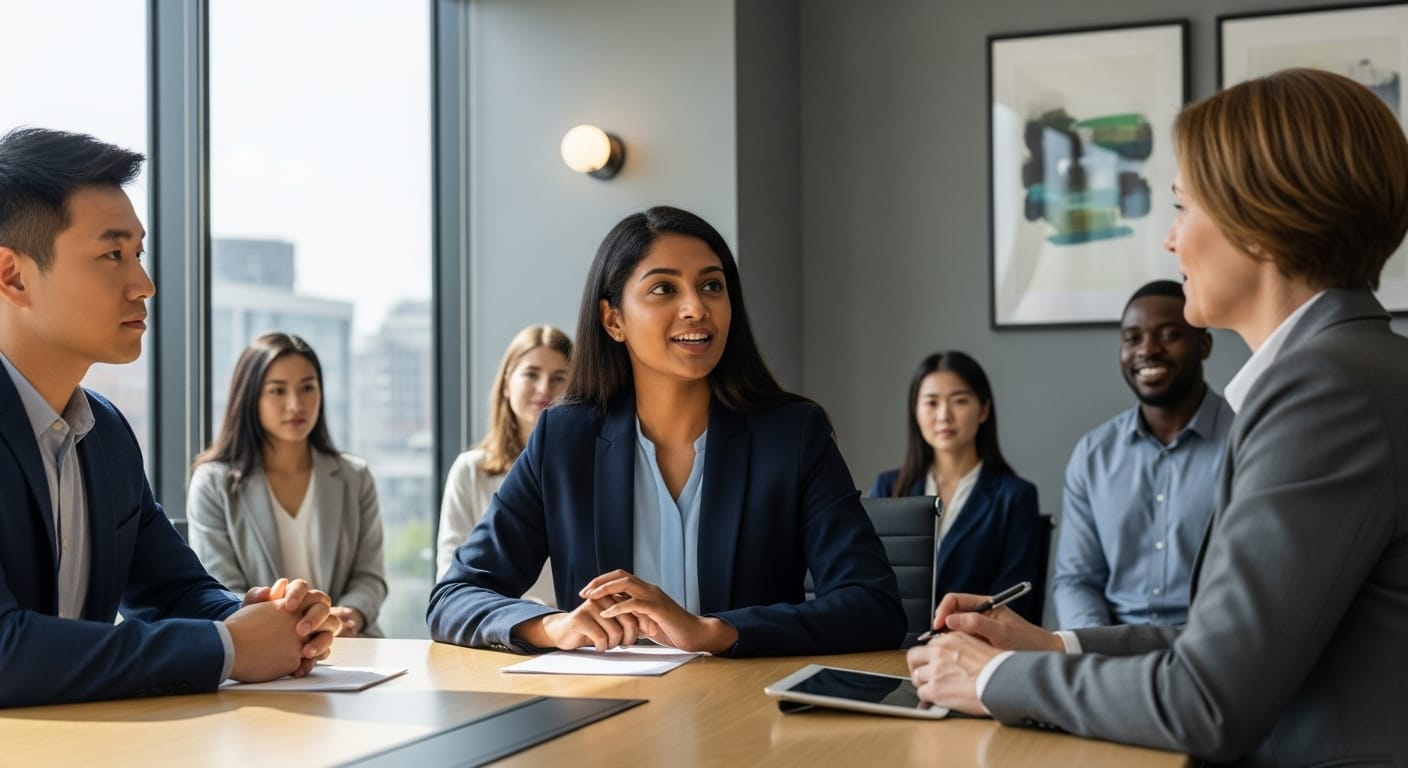 Diverse job seeker confidently answering a situational interview question in a modern office during a job interview.