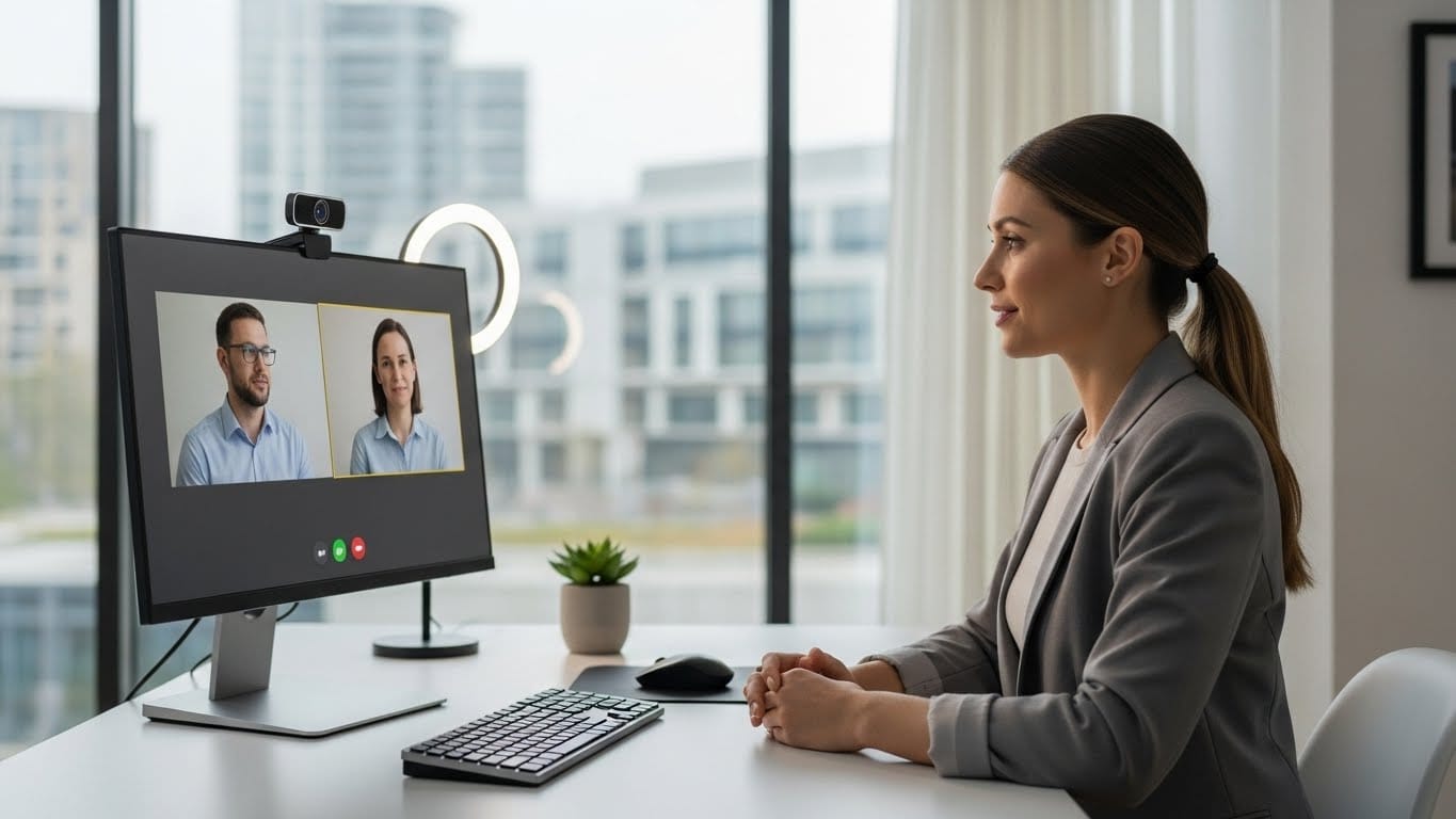 Candidate confidently attending a job interview in 2026 during a virtual interview setup