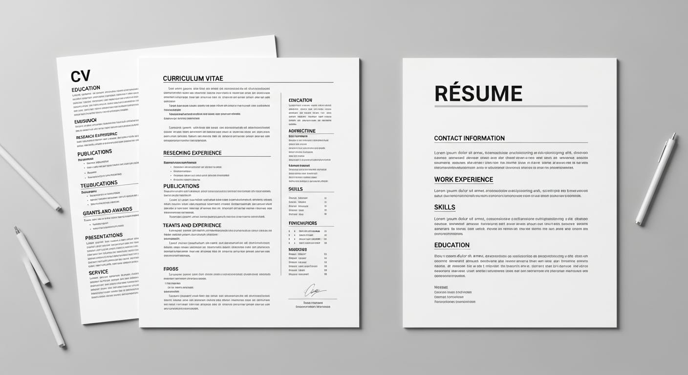 Side-by-side comparison of a CV and a résumé showing differences in length and structure