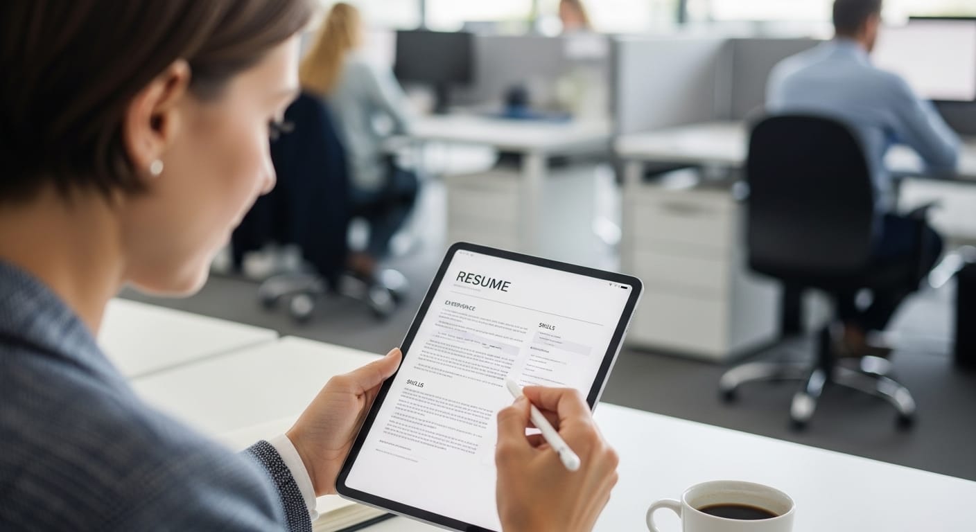 Recruiter scanning a resume quickly during the initial job application review process