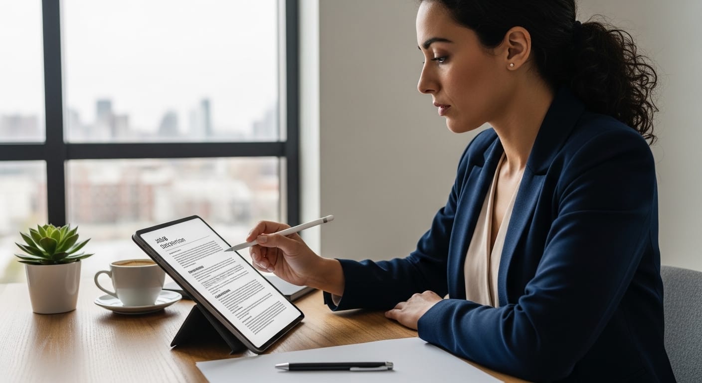 Professional reviewing a job description to decide if they are ready for a new role