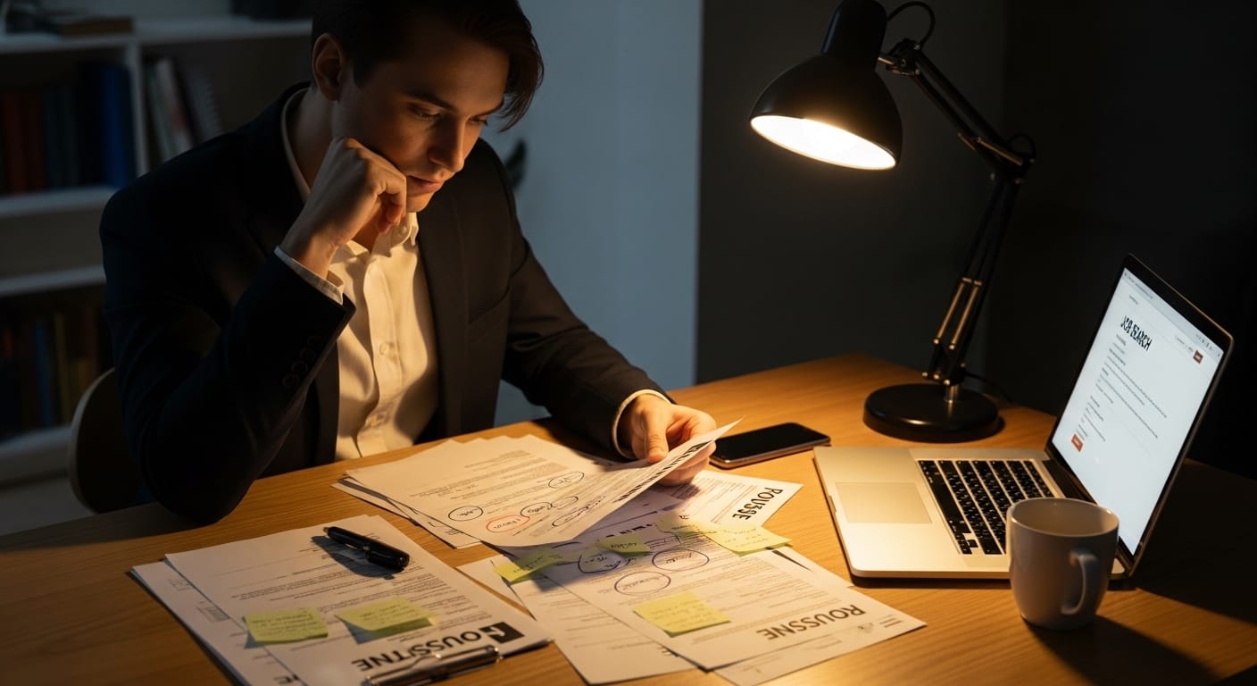 Job seeker reviewing resume after not receiving interview invitations
