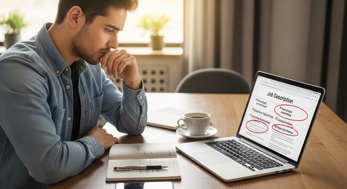 Job seeker reviewing a job description and identifying warning signs in the posting