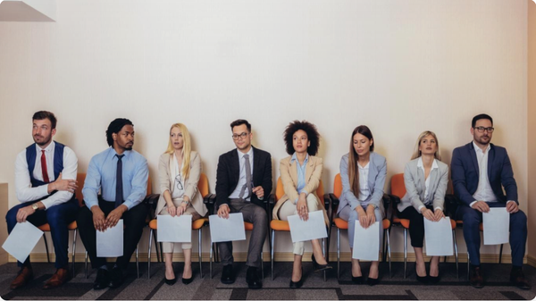 “Diverse group of candidates holding resumes and waiting for job interviews in a professional setting — represents interview preparation and job application process.