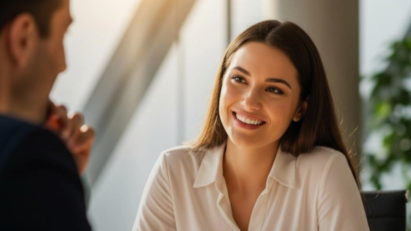 Professional woman smiling during a job interview with a recruiter, demonstrating confidence and positive body language