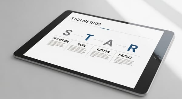 Visual guide showing the STAR method, Situation, Task, Action, Result used for answering interview questions.