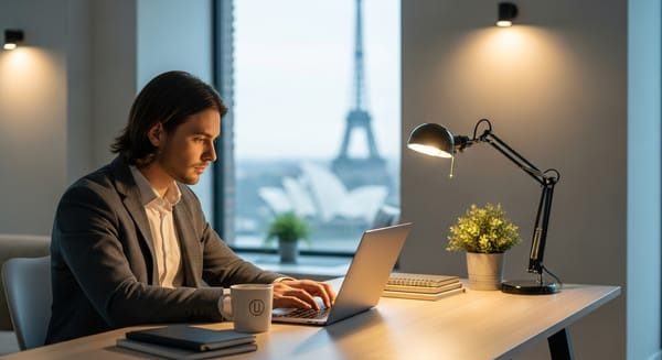 Young professional working remotely from home on a laptop, starting a global job search with no prior experience