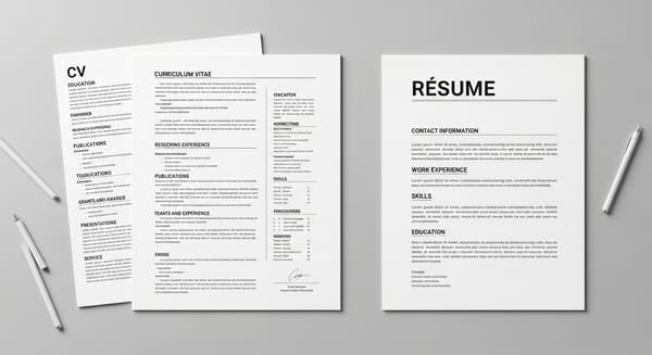 Side-by-side comparison of a CV and a résumé showing differences in length and structure