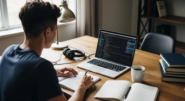 Software developer preparing for a coding interview on a laptop