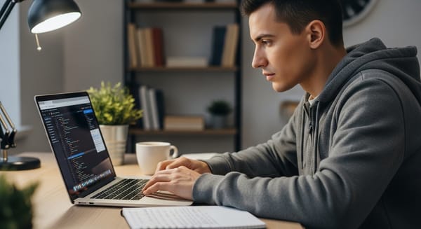 Software engineer preparing for a technical interview by practicing coding on a laptop